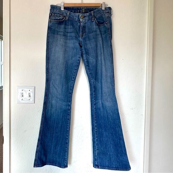 7 For All Mankind Blue Distressed Denim Flare Leg Jeans Style# U130j055u-055u - Picture 1 of 10